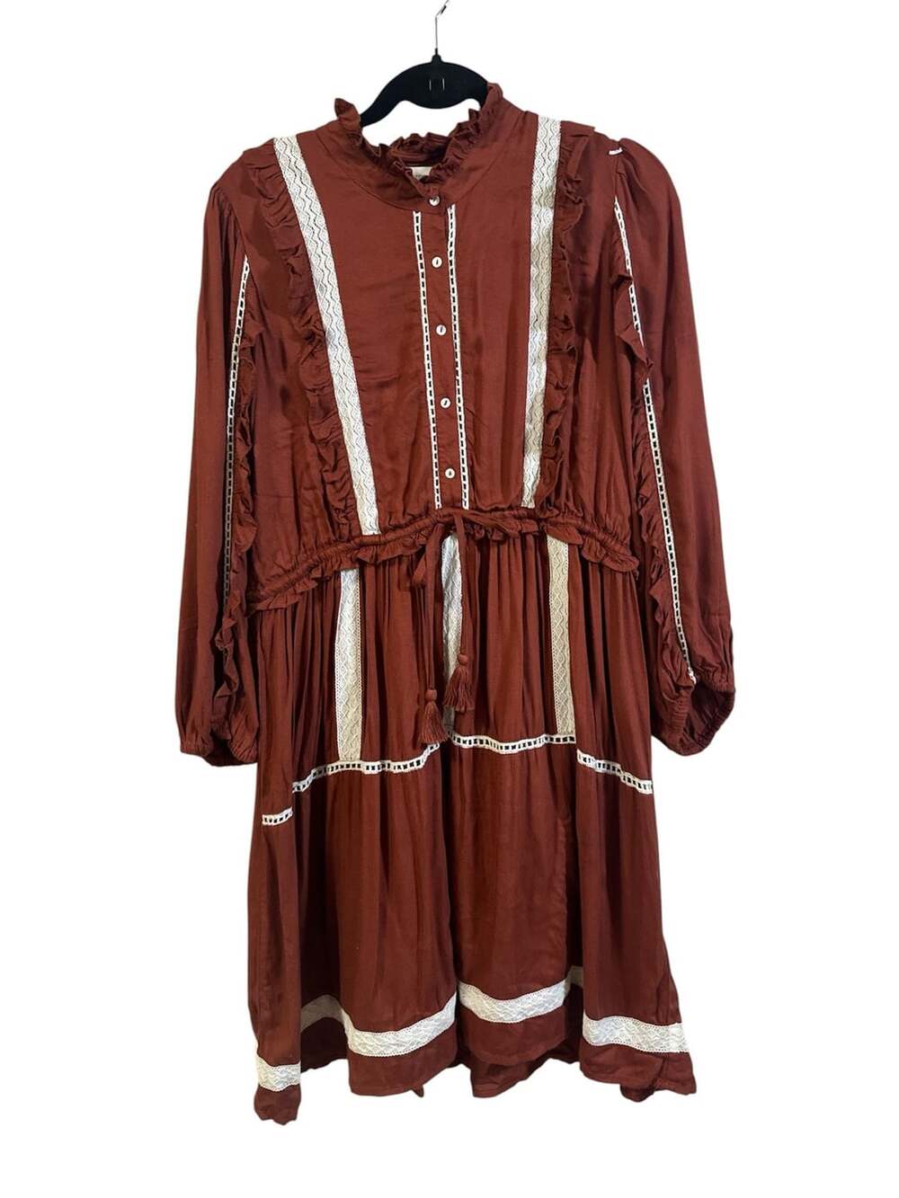 Boho Cottagecore Rust Terracotta Lace Trim Ruffle Tiered Peasant Dress Small